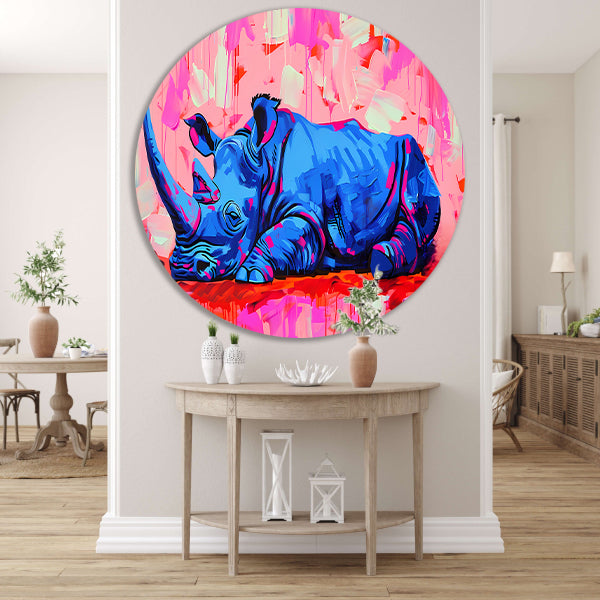 Abstract en kleurrijk schilderij van neushoorn aluminium muurcirkel