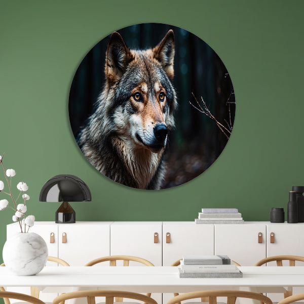 Indrukwekkende wolf in donker bos aluminium muurcirkel