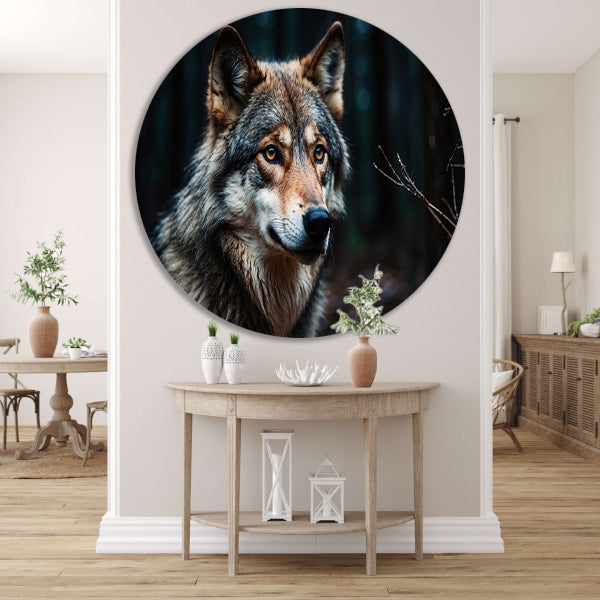 Indrukwekkende wolf in donker bos aluminium muurcirkel