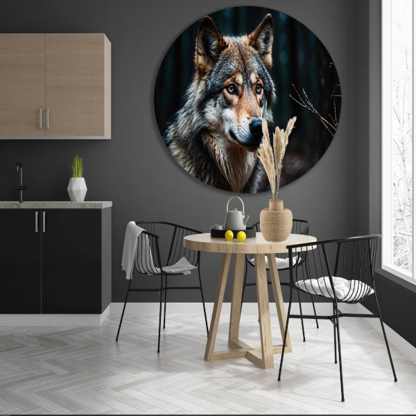 Indrukwekkende wolf in donker bos aluminium muurcirkel