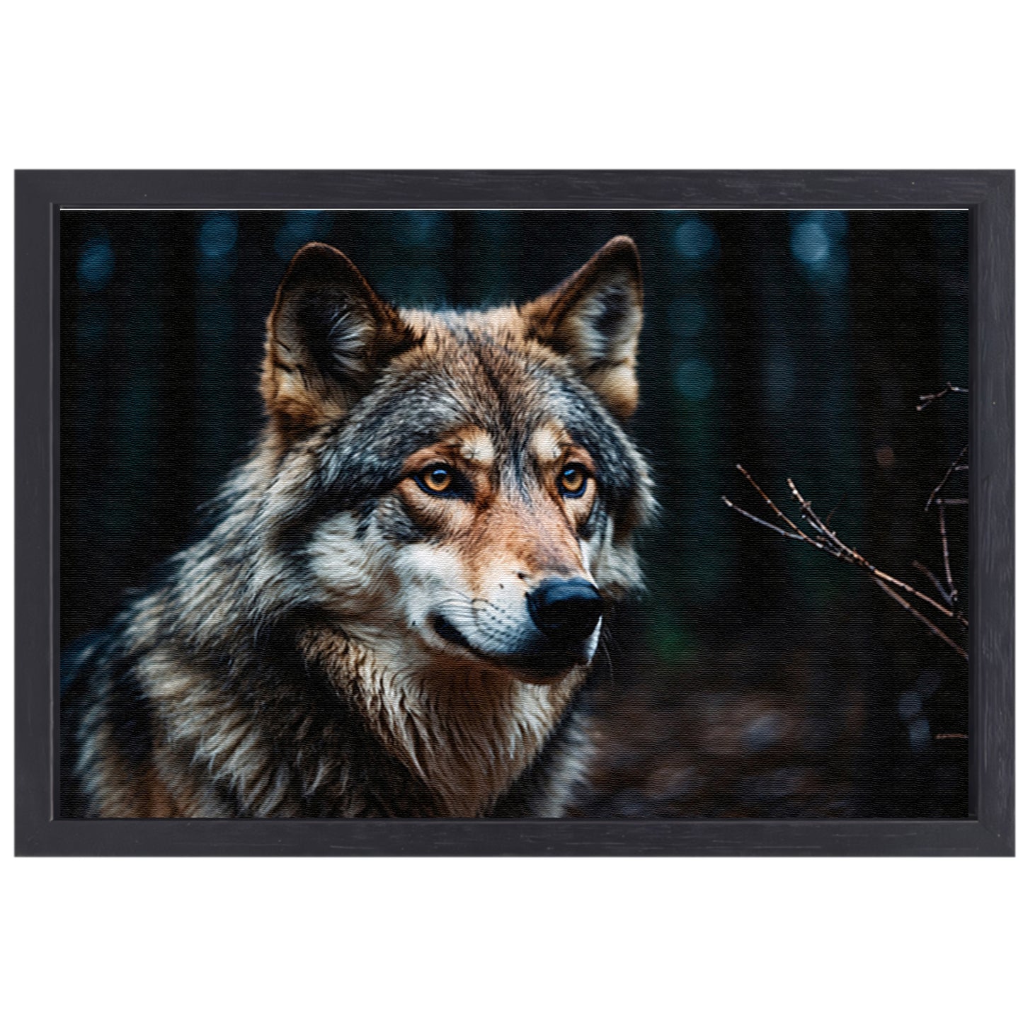 Indrukwekkende wolf in donker bos canvas met baklijst