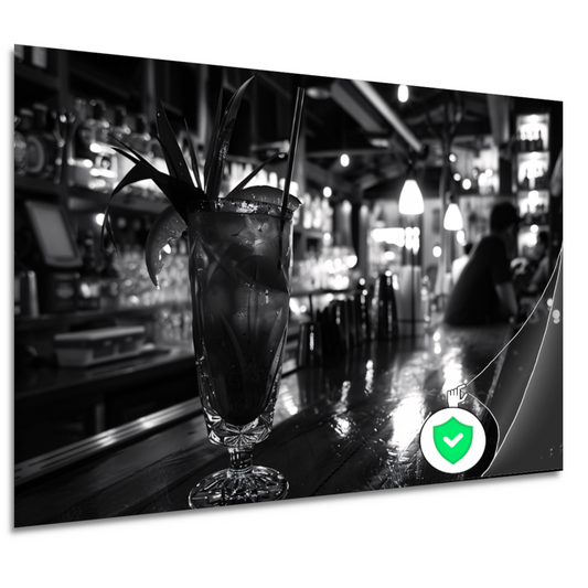 Zwart-wit cocktailglas op houten bar poster
