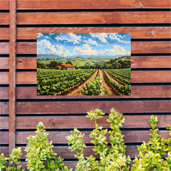 Rustige wijngaard met landhuis onder blauwe lucht tuinposter