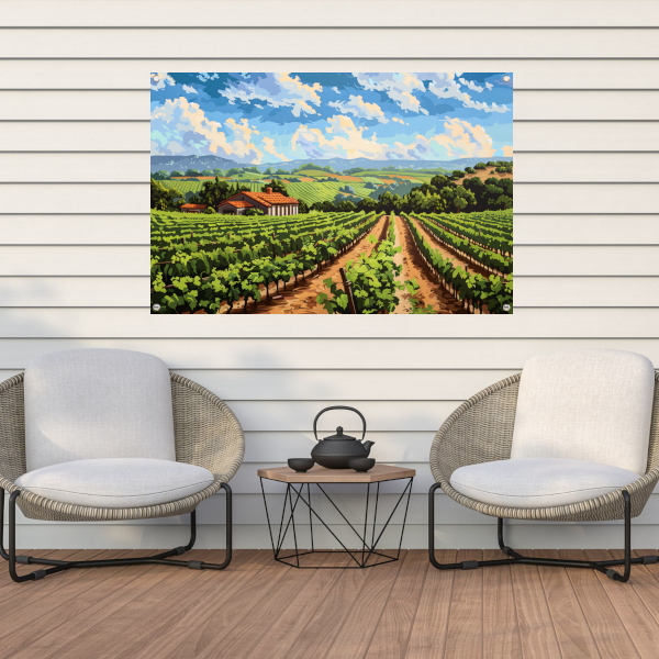 Rustige wijngaard met landhuis onder blauwe lucht tuinposter