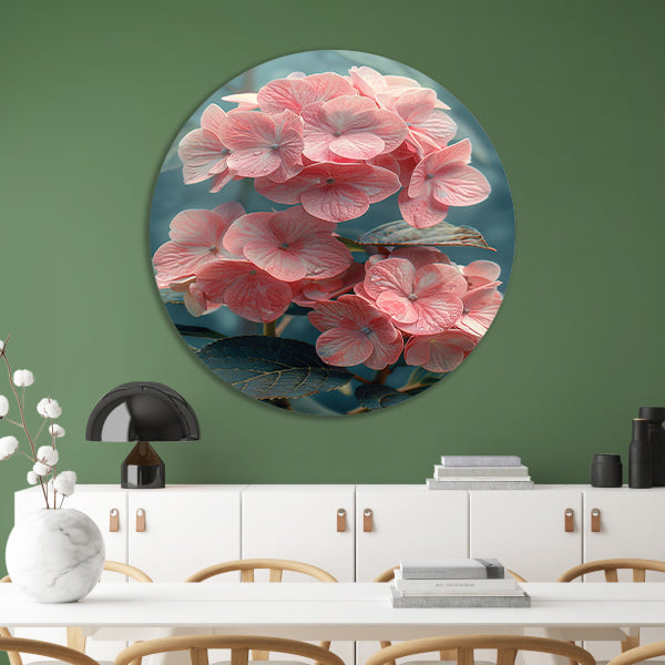 Close-up van Roze Hortensia met Bladeren aluminium muurcirkel