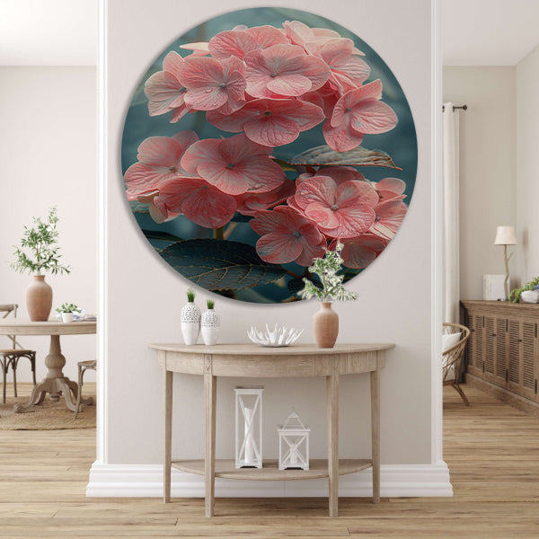 Close-up van Roze Hortensia met Bladeren aluminium muurcirkel