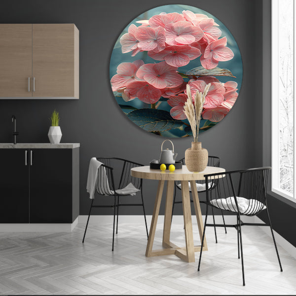 Close-up van Roze Hortensia met Bladeren aluminium muurcirkel