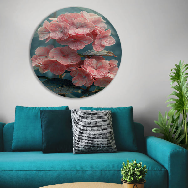 Close-up van Roze Hortensia met Bladeren aluminium muurcirkel