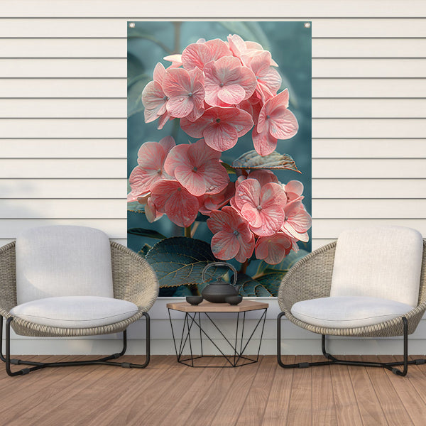 Close-up van Roze Hortensia met Bladeren tuinposter