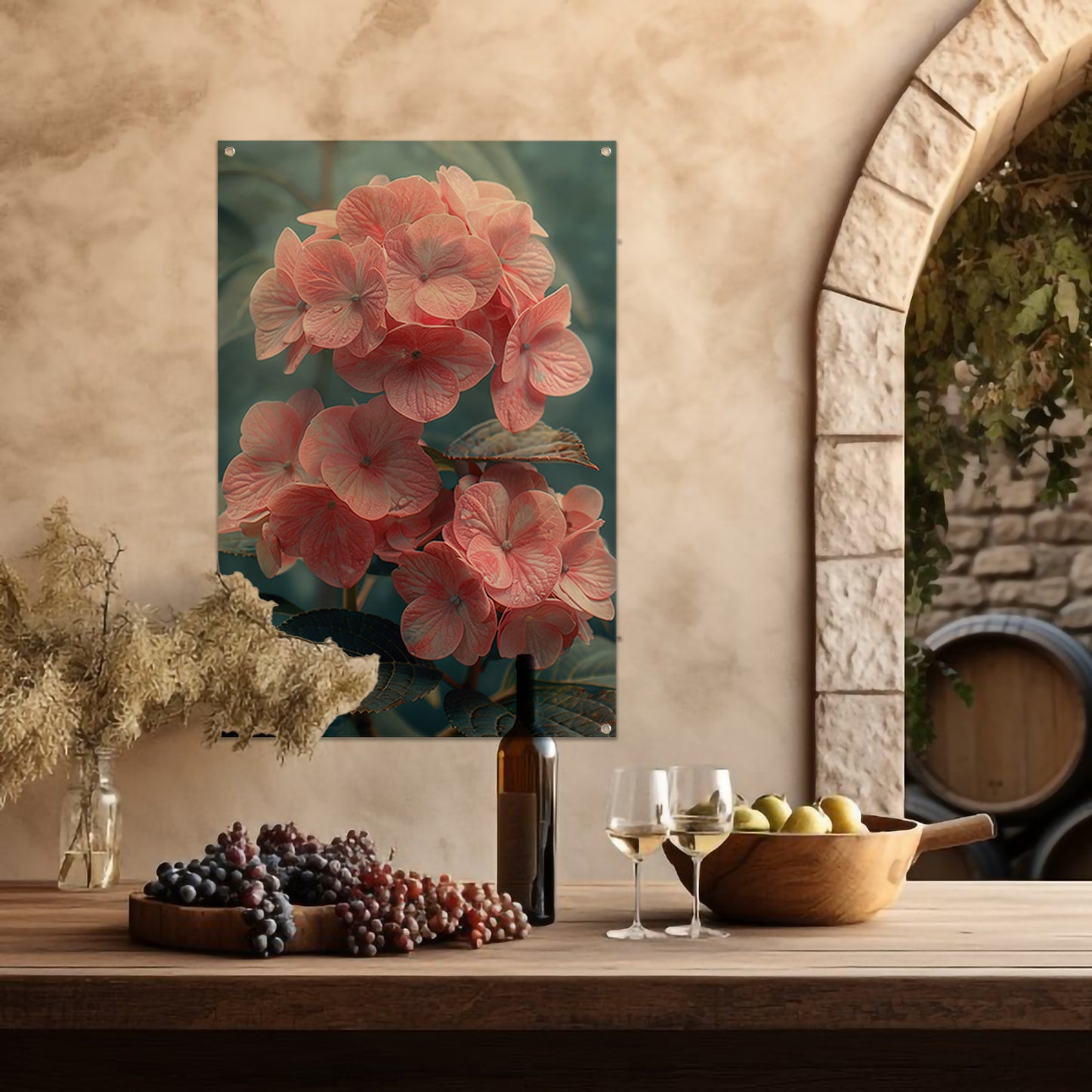 Close-up van Roze Hortensia met Bladeren tuinposter