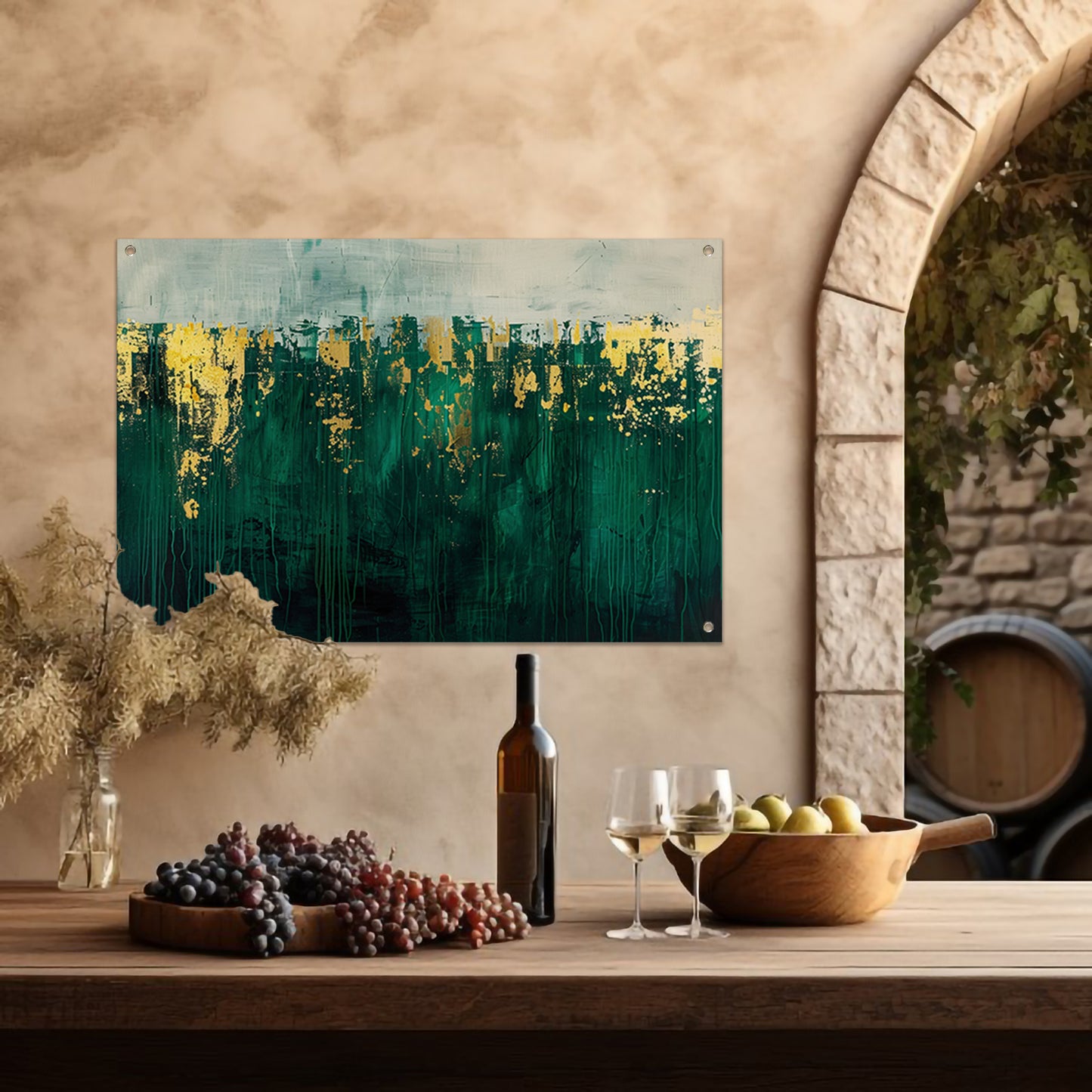 Abstract groen en goud kunst schilderij tuinposter