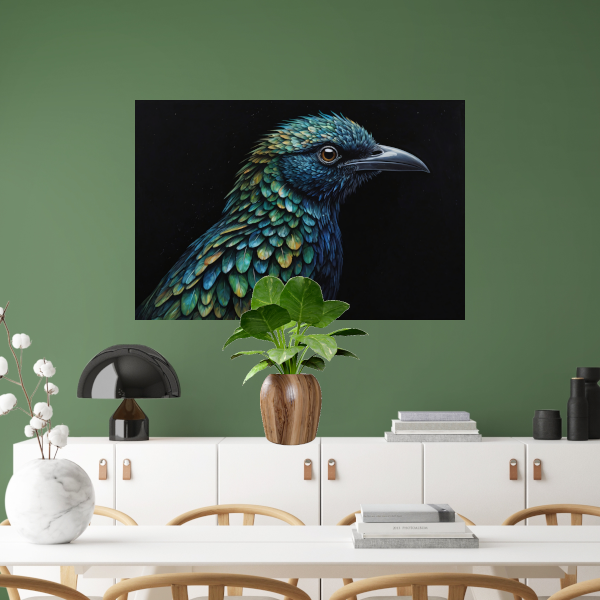 De Verborgen Dieptes van een Kleurrijke Vogel canvas met baklijst