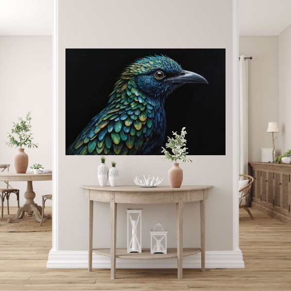 De Verborgen Dieptes van een Kleurrijke Vogel canvas met baklijst