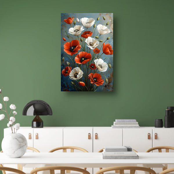 Rode en Witte Bloemen op Blauwe Achtergrond Schilderij poster