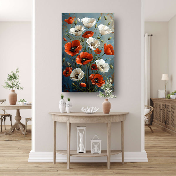 Rode en Witte Bloemen op Blauwe Achtergrond Schilderij poster