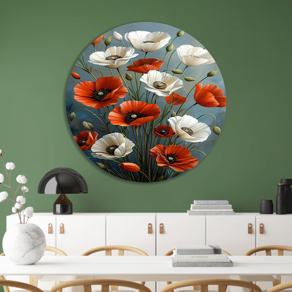 Rode en Witte Bloemen op Blauwe Achtergrond Schilderij aluminium muurcirkel