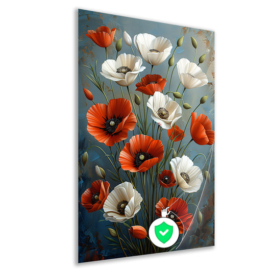 Rode en Witte Bloemen op Blauwe Achtergrond Schilderij poster
