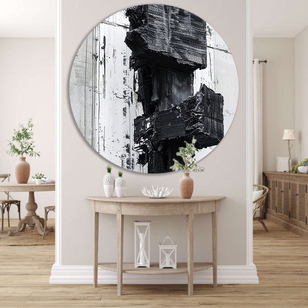 Abstract zwart-wit schilderij met texturen forex muurcirkel
