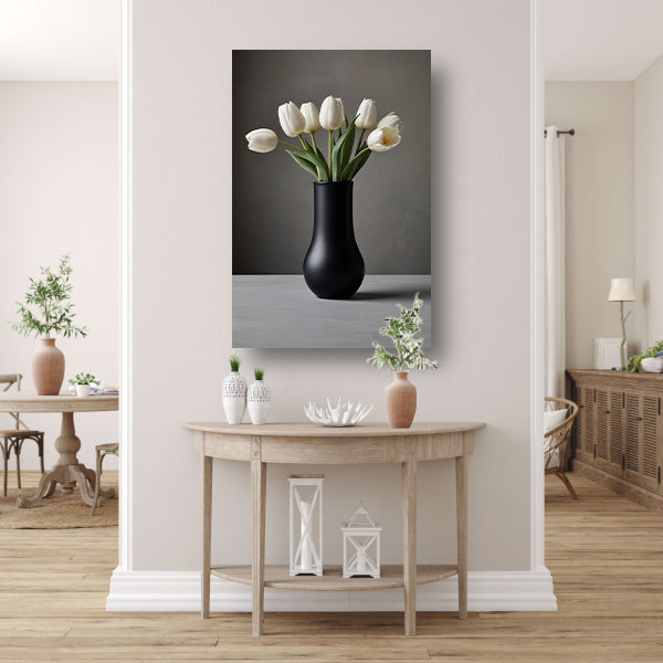 Minimalistische Witte Tulpen in Elegante Zwarte Vaas poster