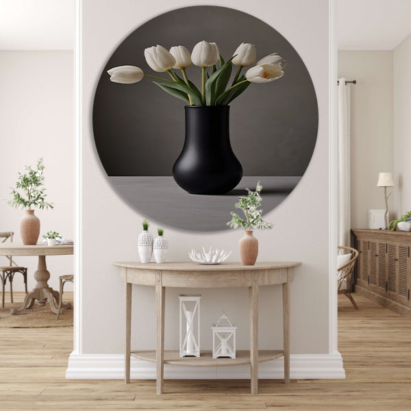 Minimalistische Witte Tulpen in Elegante Zwarte Vaas aluminium muurcirkel