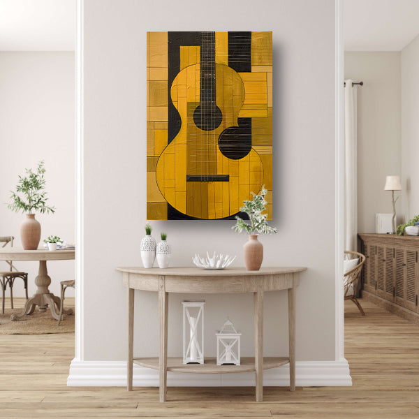 Abstract gele gitaar met zwarte lijnen canvas