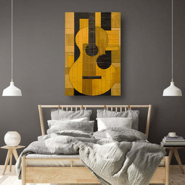 Abstract gele gitaar met zwarte lijnen canvas