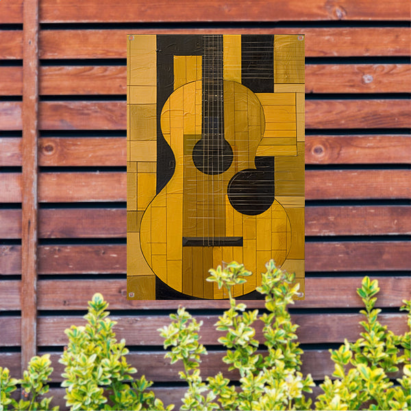 Abstract gele gitaar met zwarte lijnen tuinposter
