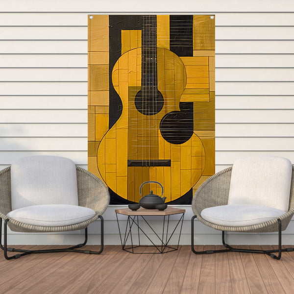 Abstract gele gitaar met zwarte lijnen tuinposter