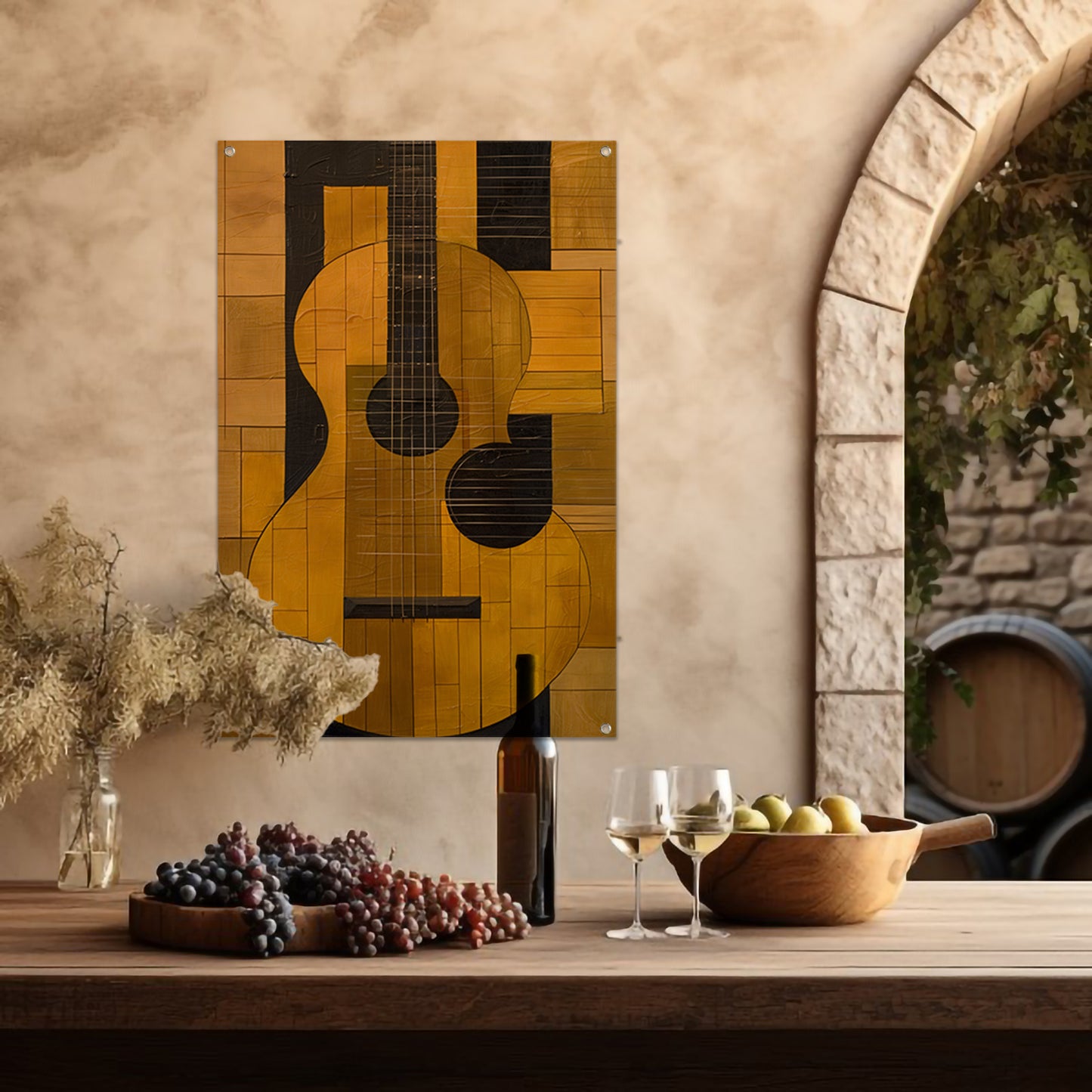 Abstract gele gitaar met zwarte lijnen tuinposter
