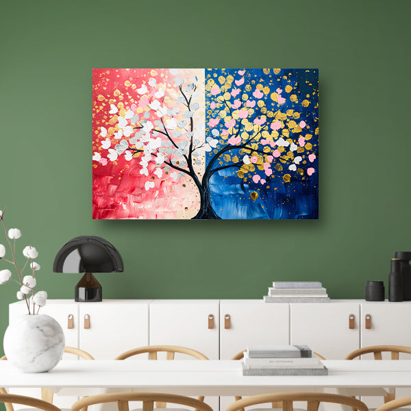 Kleurrijk abstract schilderij van een boom poster