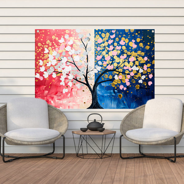 Kleurrijk abstract schilderij van een boom tuinposter