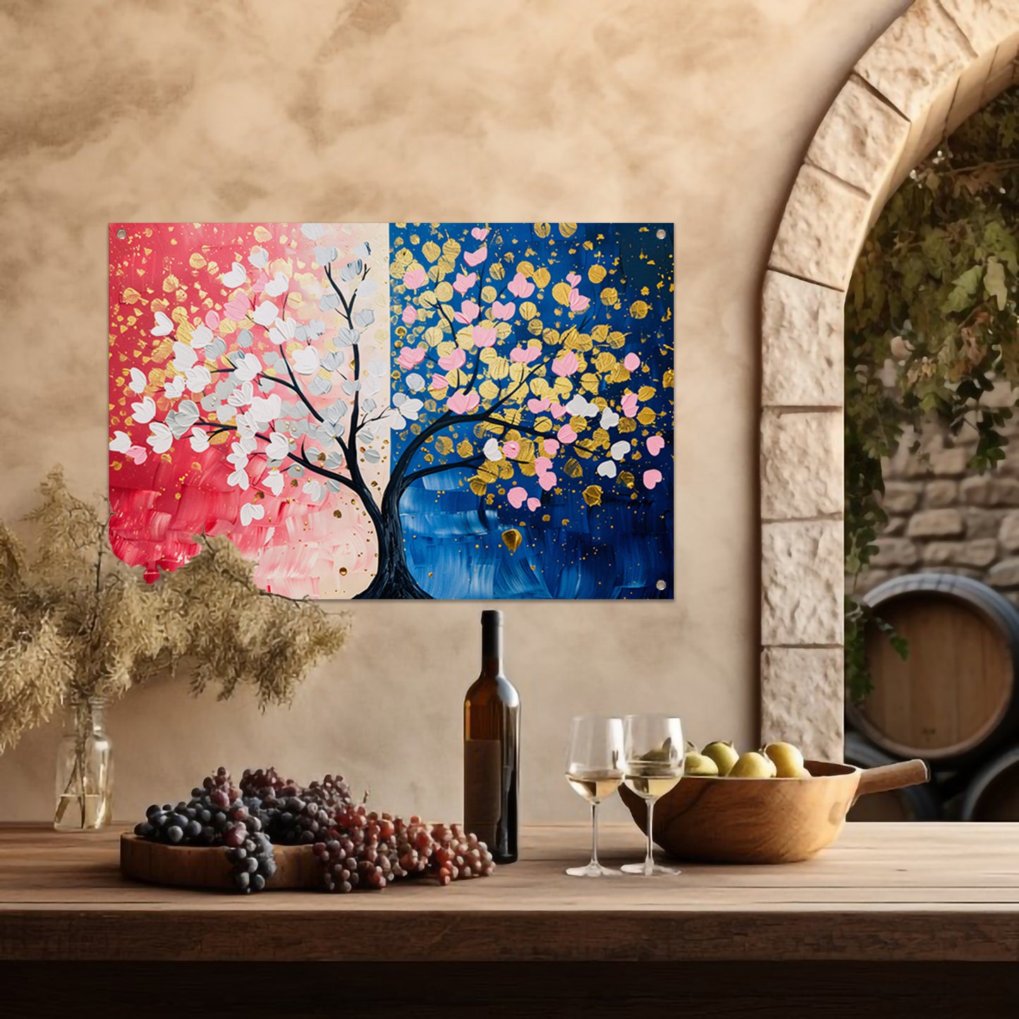 Kleurrijk abstract schilderij van een boom tuinposter