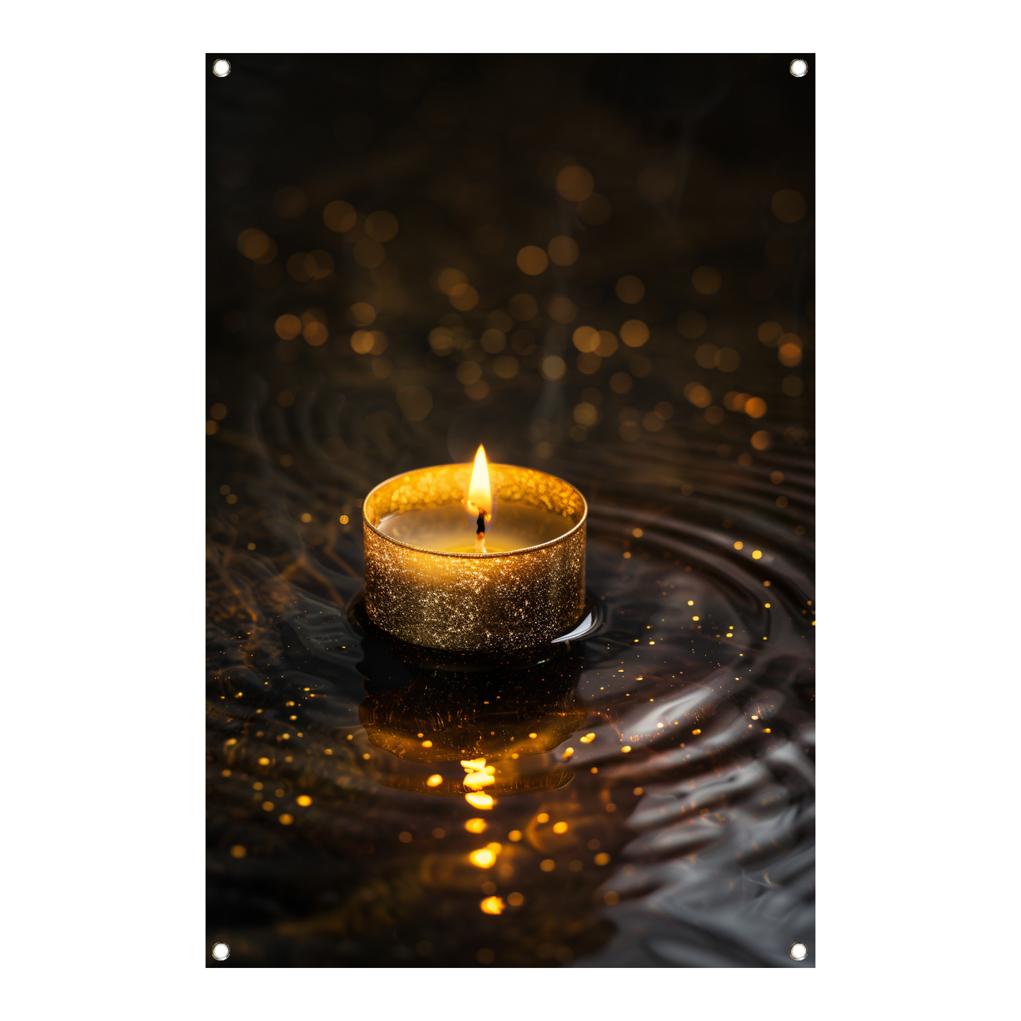 Gouden kaars reflectie op donker water tuinposter