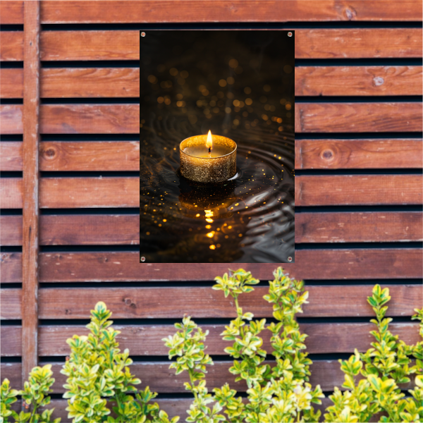 Gouden kaars reflectie op donker water tuinposter