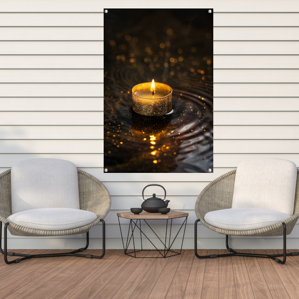 Gouden kaars reflectie op donker water tuinposter