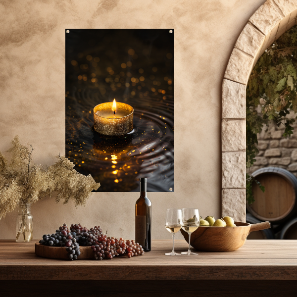 Gouden kaars reflectie op donker water tuinposter