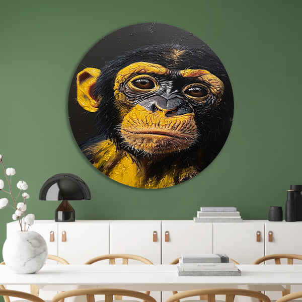 Realistisch schilderij van een gedetailleerde aap aluminium muurcirkel