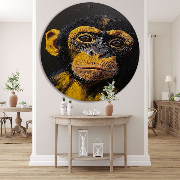 Realistisch schilderij van een gedetailleerde aap aluminium muurcirkel