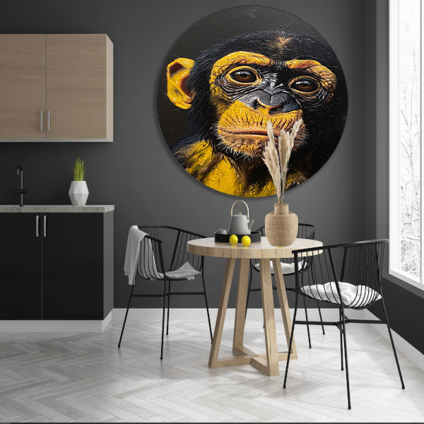 Realistisch schilderij van een gedetailleerde aap aluminium muurcirkel