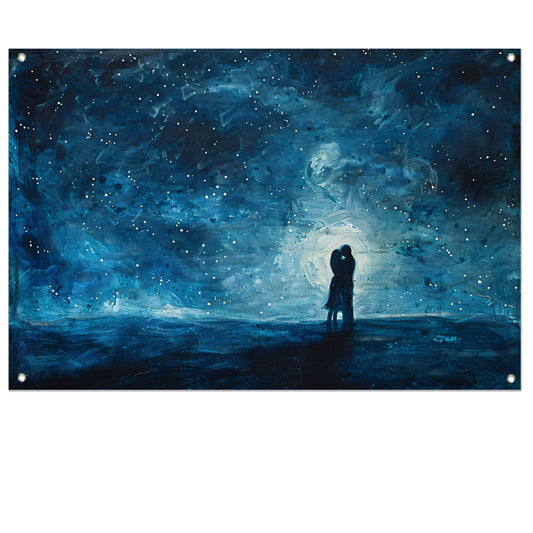 Romantisch paar onder sterrenhemel schilderij tuinposter