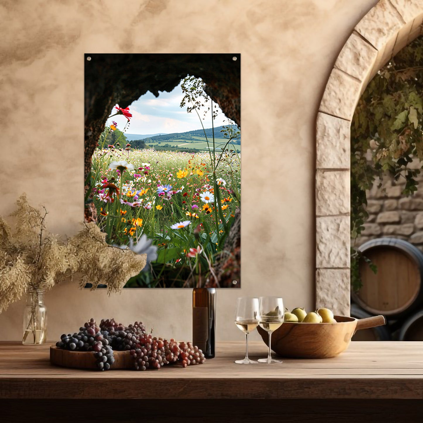 Bloemenveld door een magisch venster tuinposter