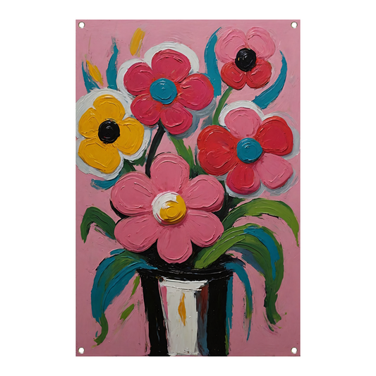 Kleurrijke Bloemen in Vaas op Roze Achtergrond tuinposter