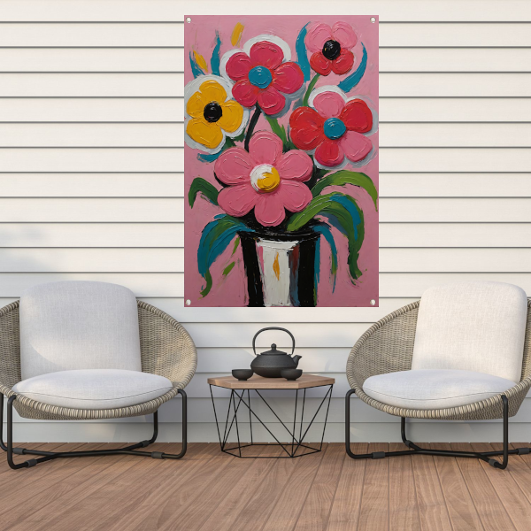Kleurrijke Bloemen in Vaas op Roze Achtergrond tuinposter