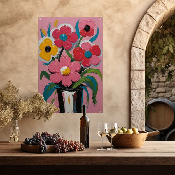 Kleurrijke Bloemen in Vaas op Roze Achtergrond tuinposter