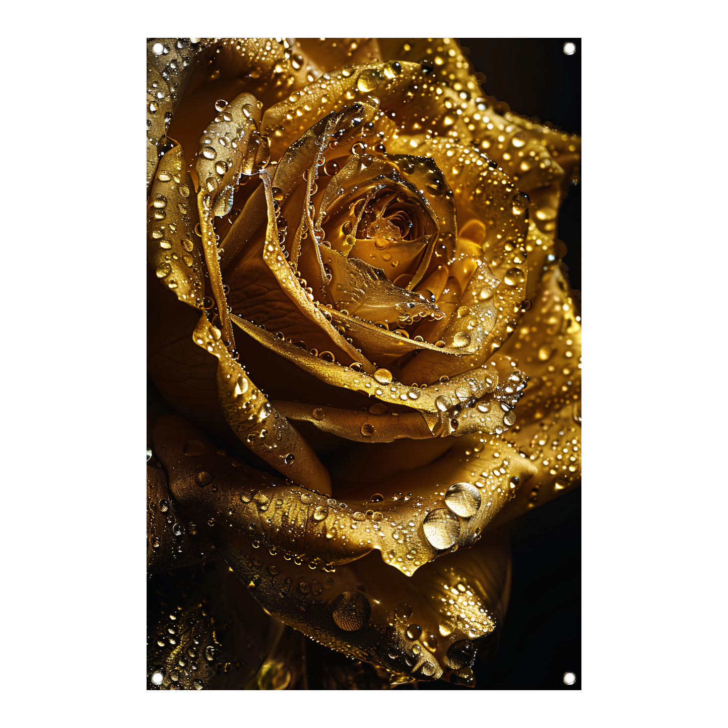 Gouden roos met fonkelende waterdruppels close-up tuinposter