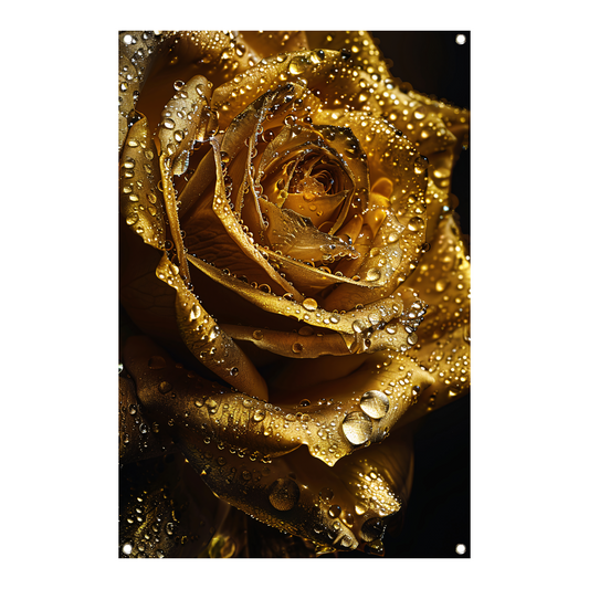 Gouden roos met fonkelende waterdruppels close-up tuinposter