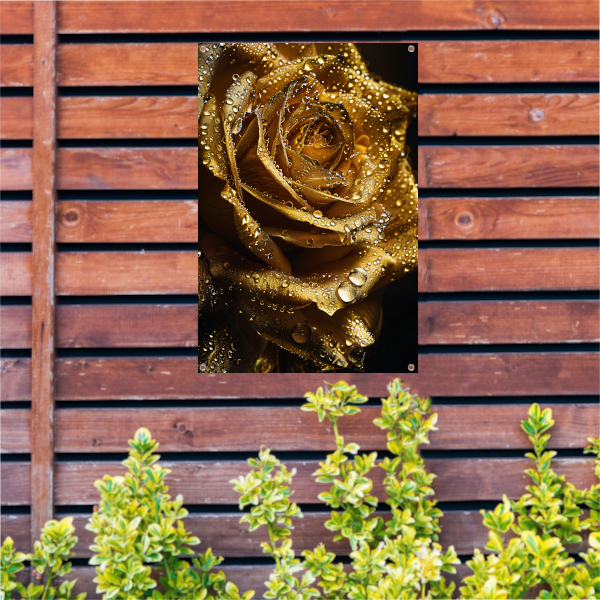 Gouden roos met fonkelende waterdruppels close-up tuinposter
