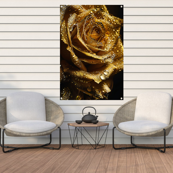Gouden roos met fonkelende waterdruppels close-up tuinposter