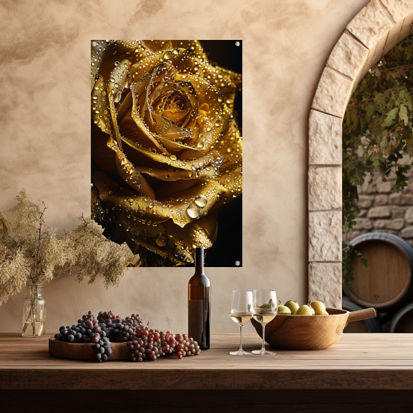 Gouden roos met fonkelende waterdruppels close-up tuinposter