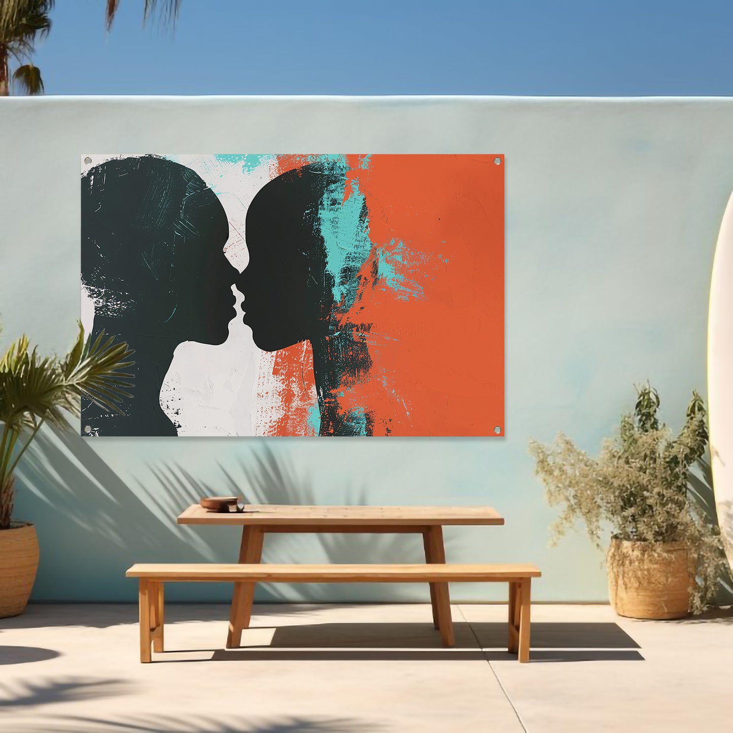 Abstracte silhouetten van een koppel in kleur tuinposter